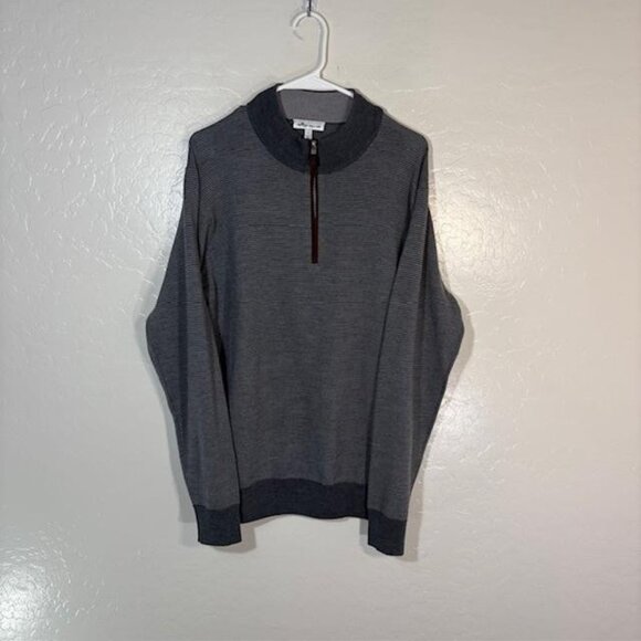 Peter Millar Sweater Mens Large Gray Striped Merino Wool Quarter Zip Pullover - Picture 1 of 7